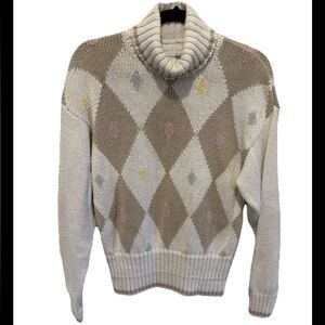 Vintage James St. John Petite Ivory‎ Argyle Turtleneck Sweater 80s 90s Pastel
